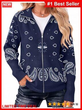 Womens Zip Up Cardigan Sweater Paisley Bandana Print Stand Collar Knit